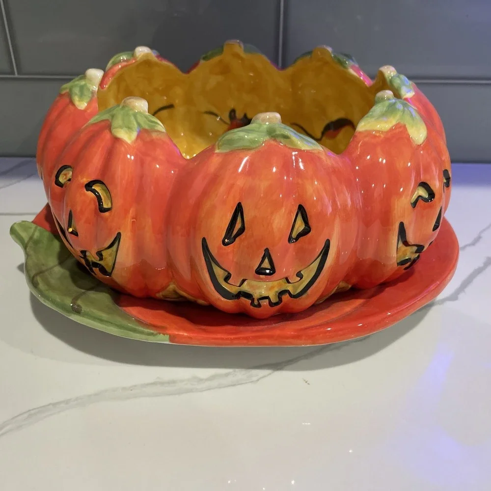 Certified International Halloween Pumpkin Cookie Platter & Candy Bowl Set Orange